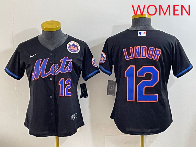 Women 2025 New York Mets 12 Lindor Black Game Nike MLB Jersey style 2